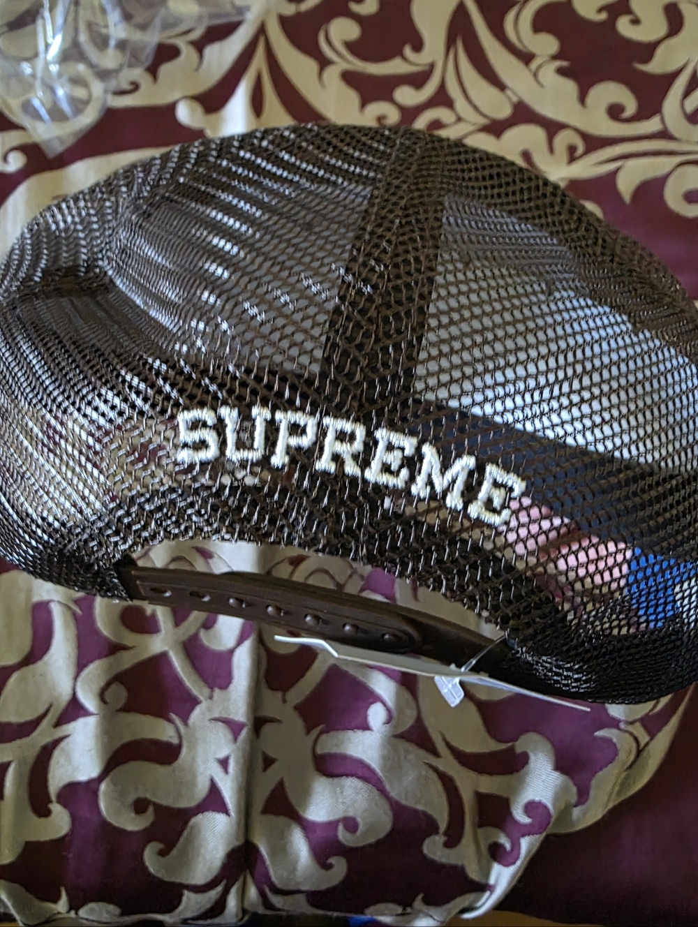 Supreme Brown Trucker Hat with Gold Logo and Pin Badges - Picture 3 of 5